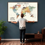 Custom Beige World Map Canvas with Push Pins, Honeymoon and Anniversary Gift, Dining Room and Entryway Decor