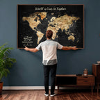 Personalized Framed Black Beige Modern World Travel Map Wall Art with Pins, Bucket List Map, Living Room and Hallway Decor
