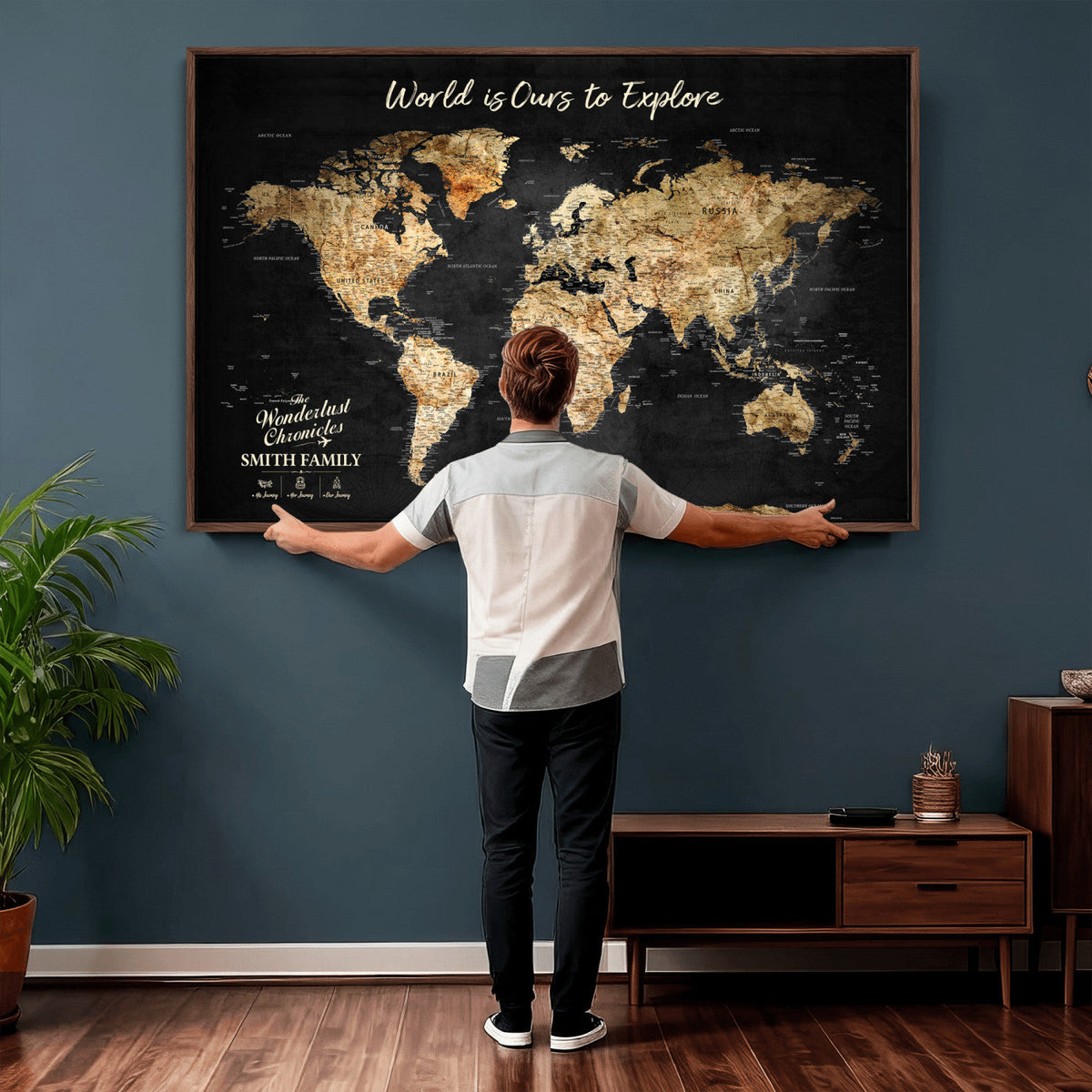 Personalized Framed Black Beige Modern World Travel Map Wall Art with Pins, Bucket List Map, Living Room and Hallway Decor