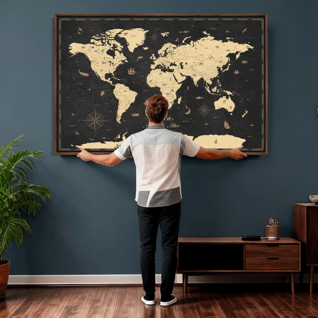 Personalized Beige Push Pin World Map Canvas Print, Places Visited Tracker, Home Office and Study Decor