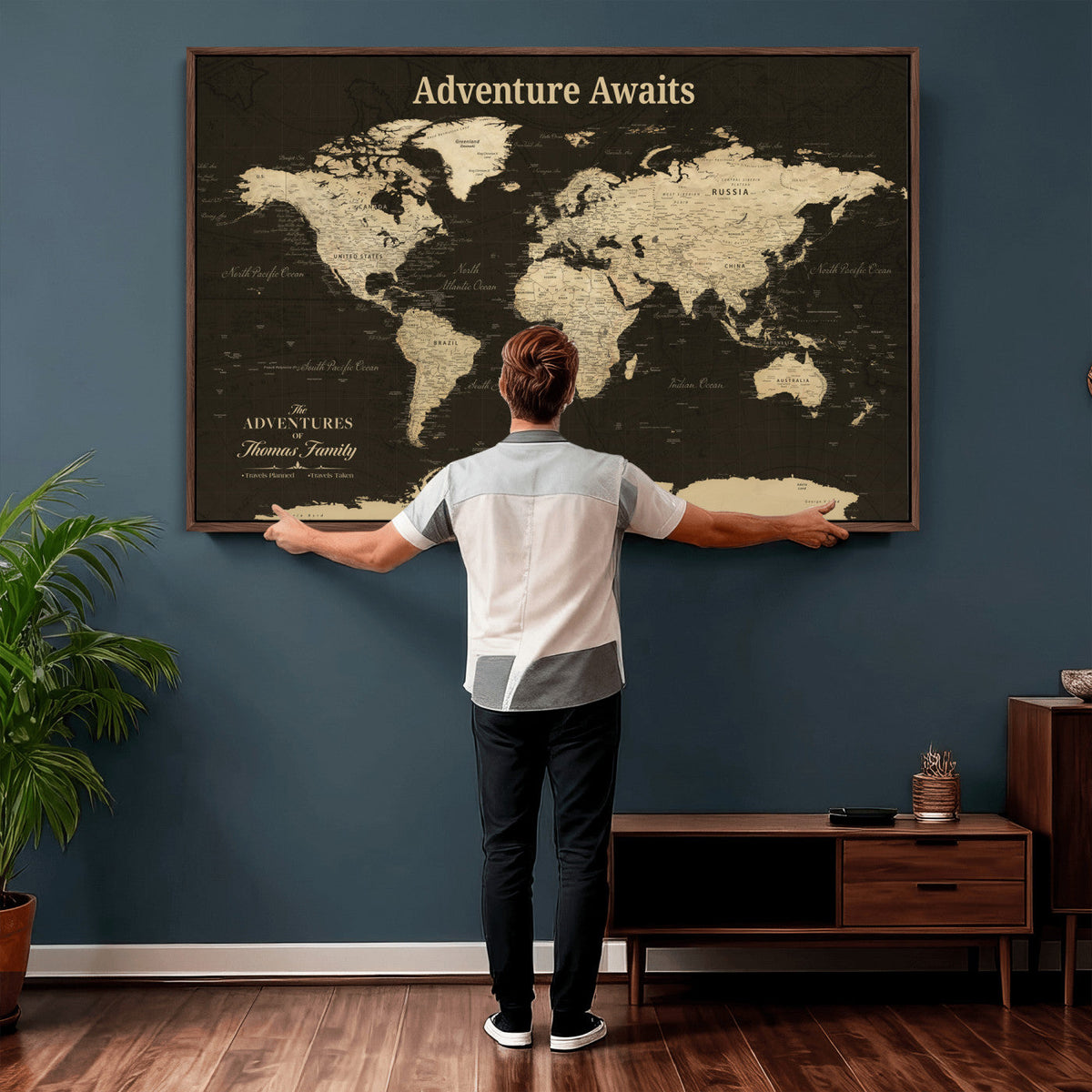 Custom Beige Push Pin World Map Wall Art, Next Trip Planner Map, Living Room and Home Office Decor
