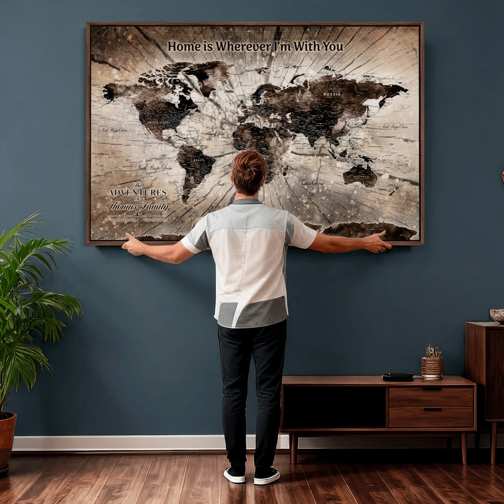 Personalized Push Pin World Map Wall Art Canvas Print, Customizable Framed Travel Map - NEWMAP-085