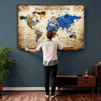 Personalized Framed Beige World Map Canvas with Push Pins, Honeymoon and Anniversary Gift, Living Room and Home Office Decor