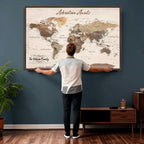 Personalized Framed White Modern Push Pin Travel Map Canvas Print, Bucket List Map, Dining Room and Study Decor