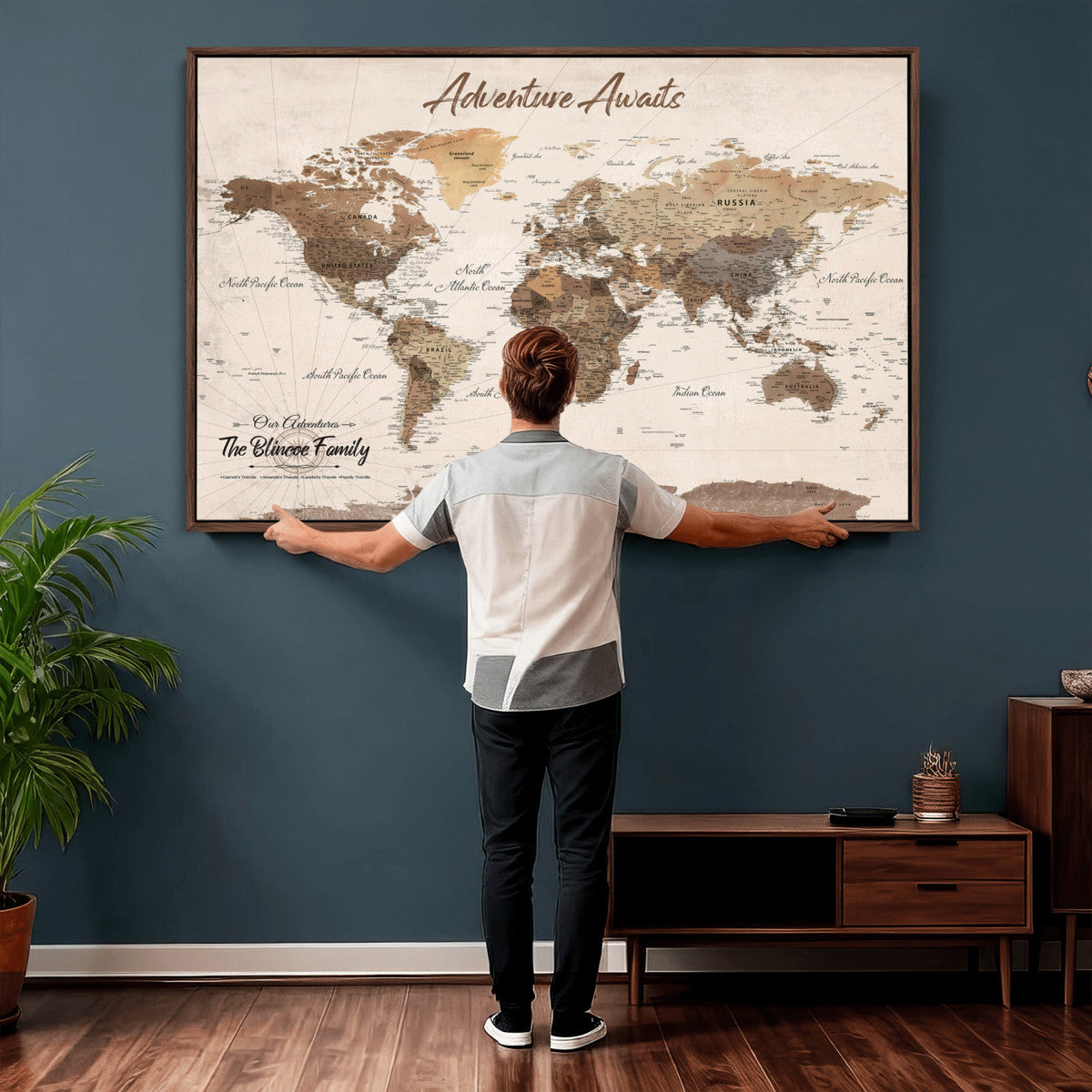 Personalized Framed White Modern Push Pin Travel Map Canvas Print, Bucket List Map, Dining Room and Study Decor