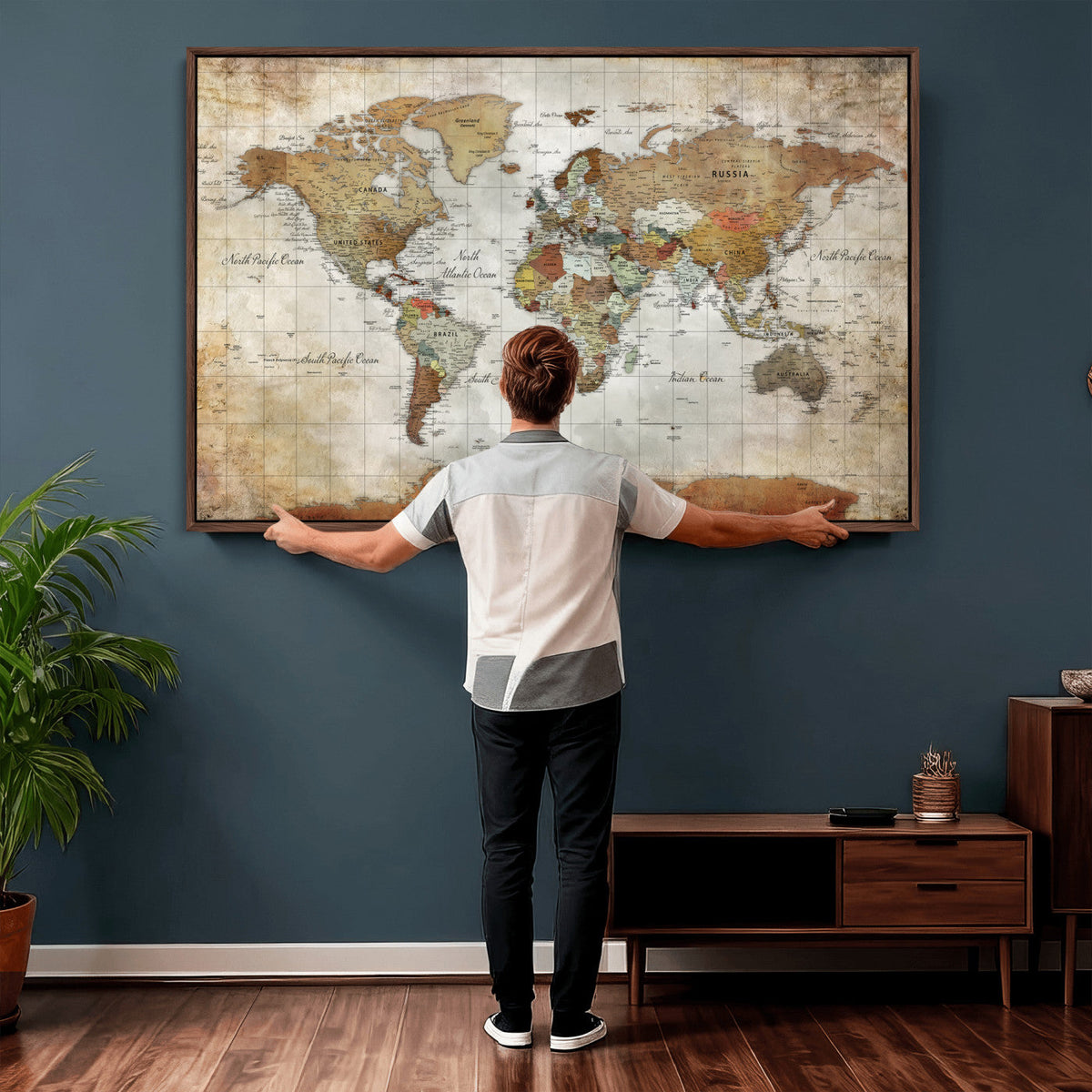 Custom Framed Modern Push Pin World Map Wall Art, Places Visited Tracker, Home Office and Entryway Decor