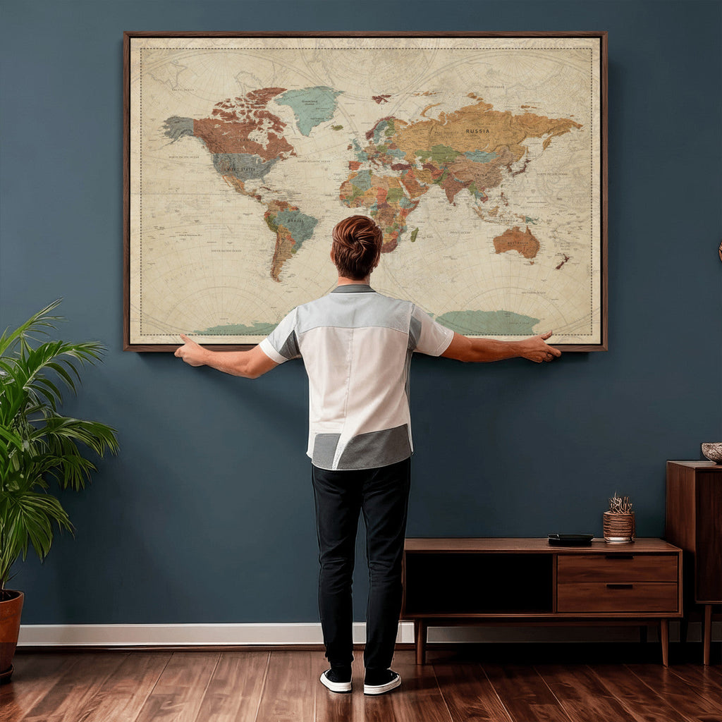 Vintage World Map Canvas Wall Art Print | Framed Modern World Map