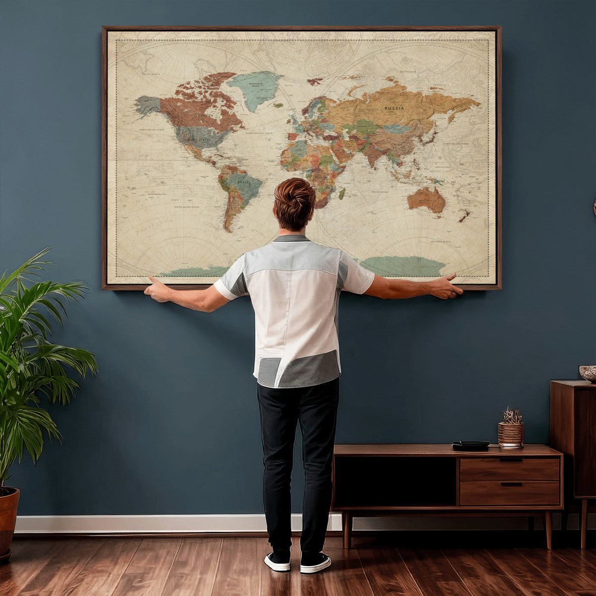 Vintage World Map Canvas Wall Art Print | Framed Modern World Map