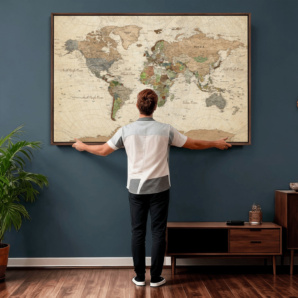 Framed World Map Wall Art for Home and Office Decor