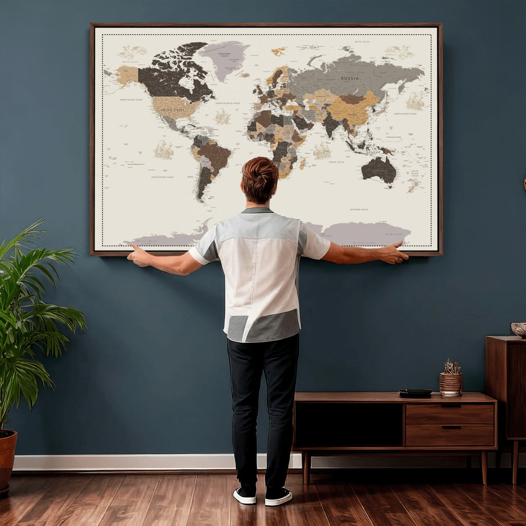 Custom Beige Modern Push Pin World Map Canvas Print, Places Visited Tracker, Bedroom and Study Decor