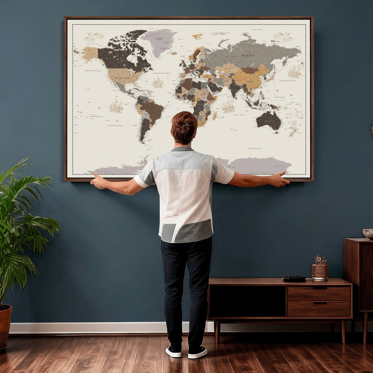 Custom Beige Modern Push Pin World Map Canvas Print, Places Visited Tracker, Bedroom and Study Decor