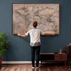 Grunge World Map Canvas Wall Art - Vintage Aged World Map with Golden Tones