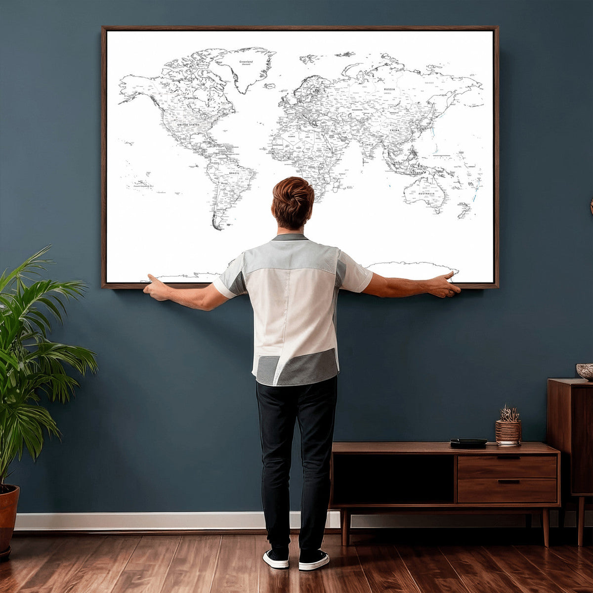 World Map Canvas Print, Framed Modern Detailed Map of the World for Home or Office