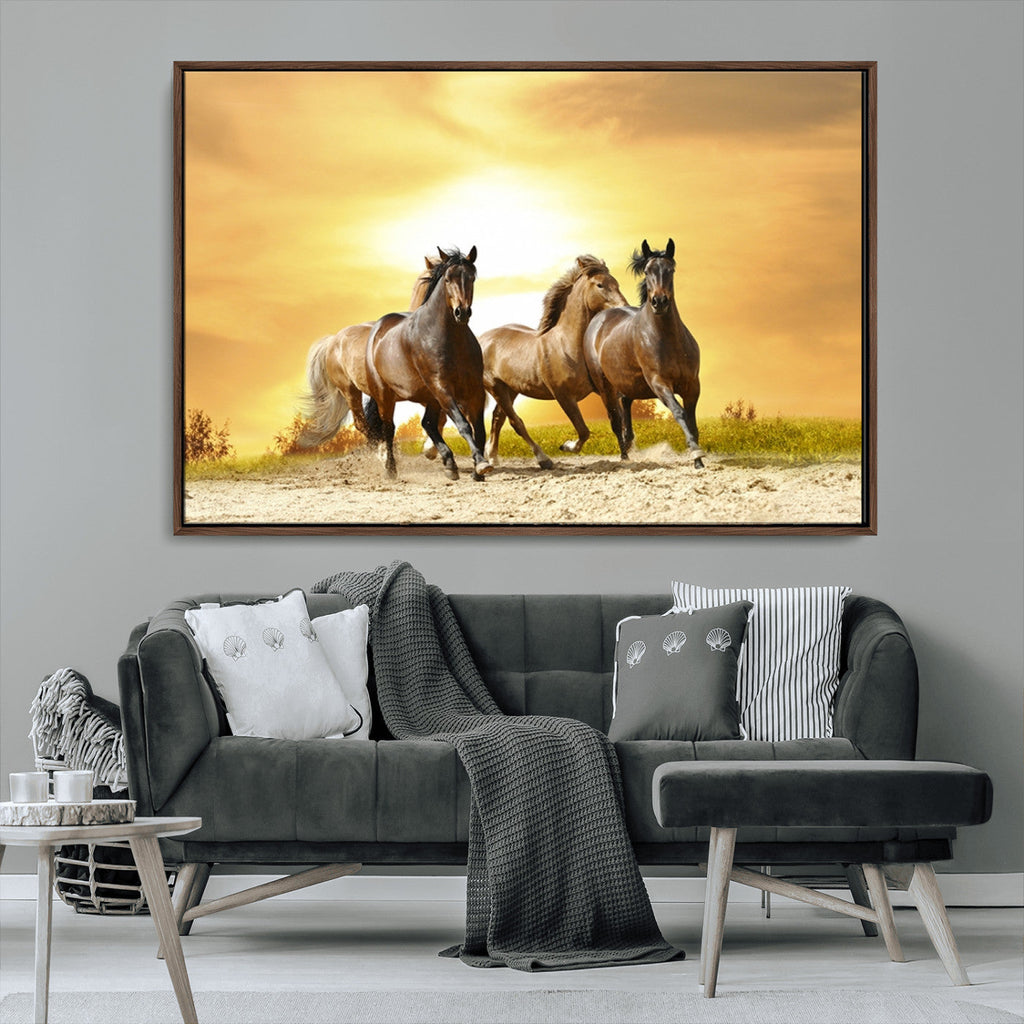Wild Horses Wall Art Canvas Print, Framed Galloping Herd