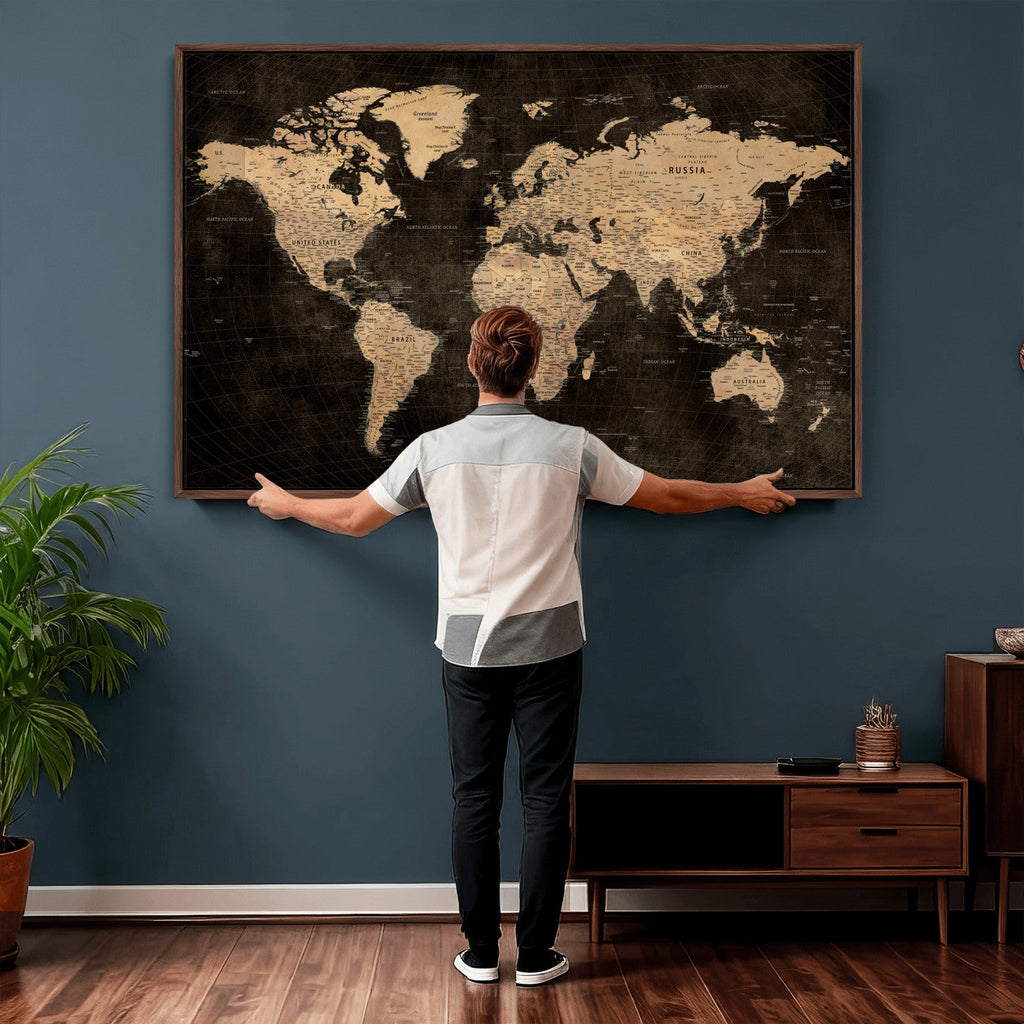 Brown World Map Canvas Print | Modern Travel Map Wall Art