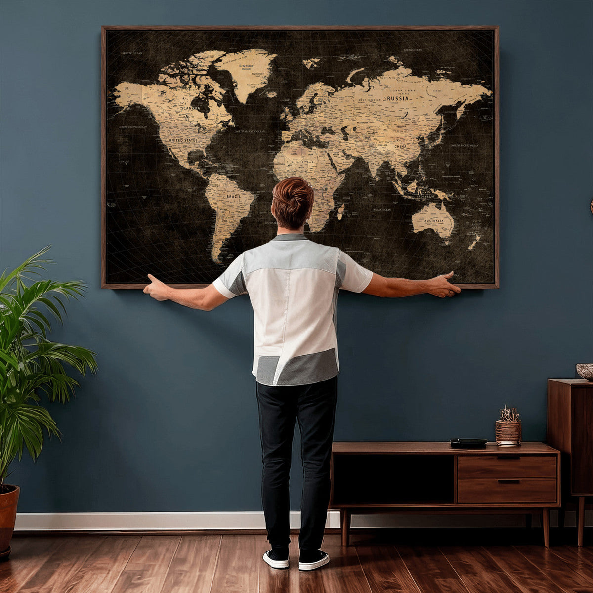 Brown World Map Canvas Print | Modern Travel Map Wall Art