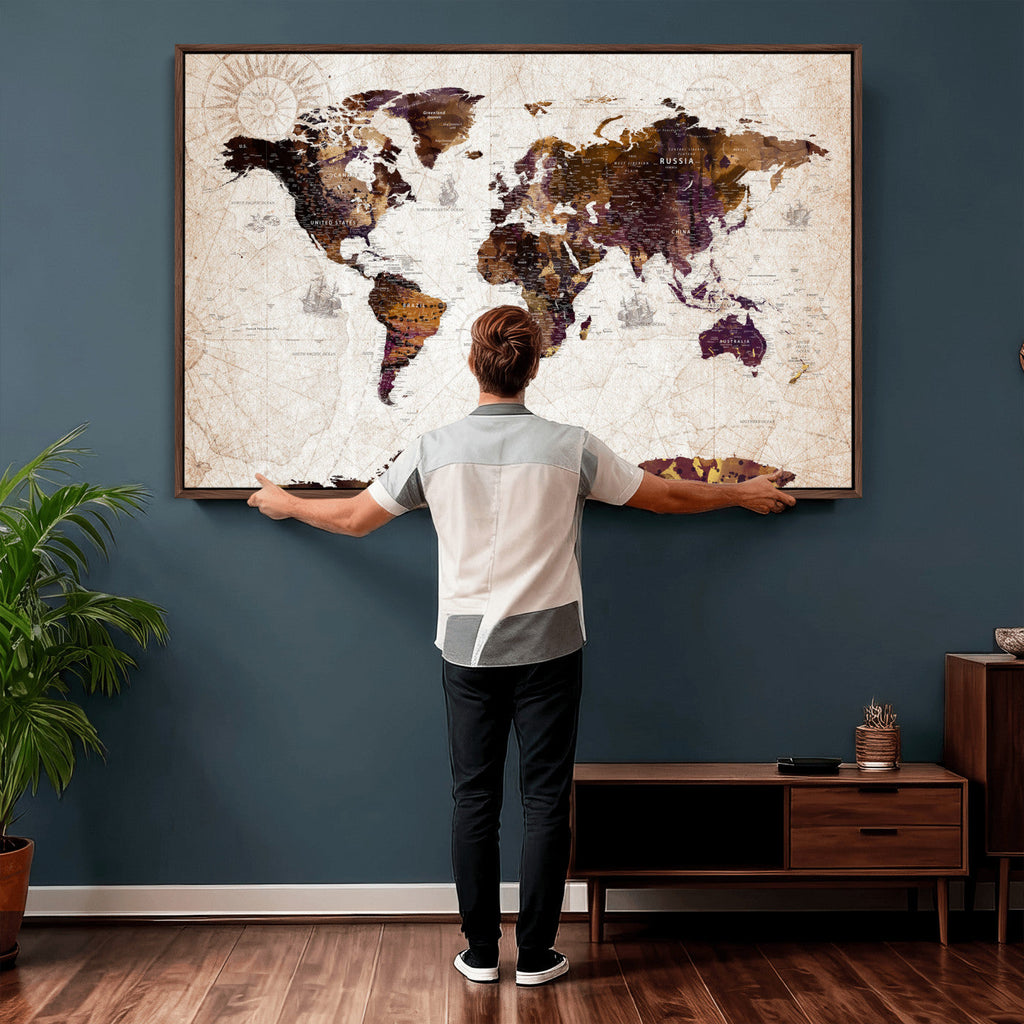 Blue Watercolor World Map Canvas Print | Framed Modern Wall Art