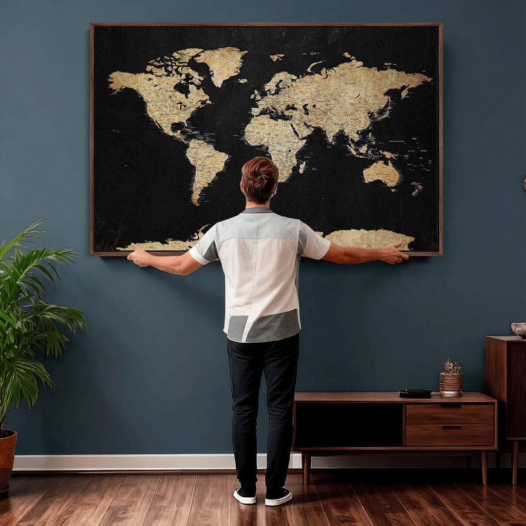 Beige World Map Canvas Wall Art Print, Minimal Black and Beige Map