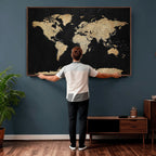 Beige World Map Canvas Wall Art Print, Minimal Black and Beige Map