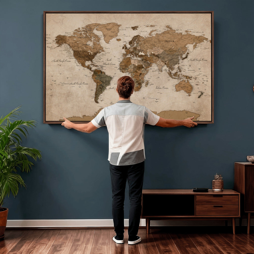 World Map Canvas Wall Art Print, Detailed Global Map Artwork