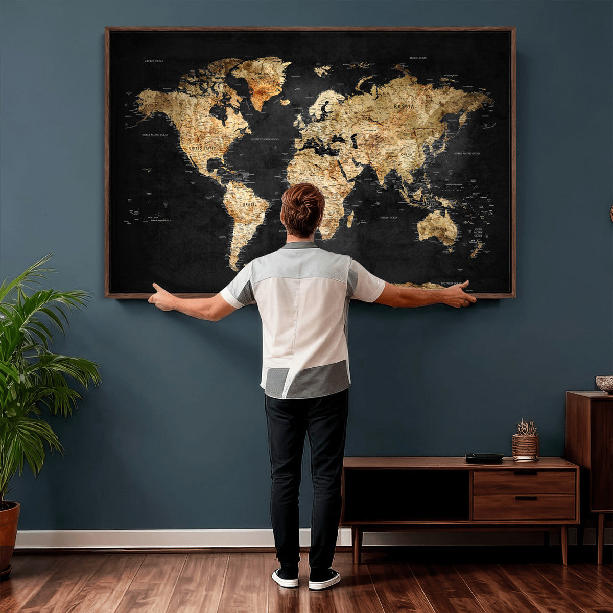World Map Canvas Wall Art with Famous Landmarks | Framed Travel Map