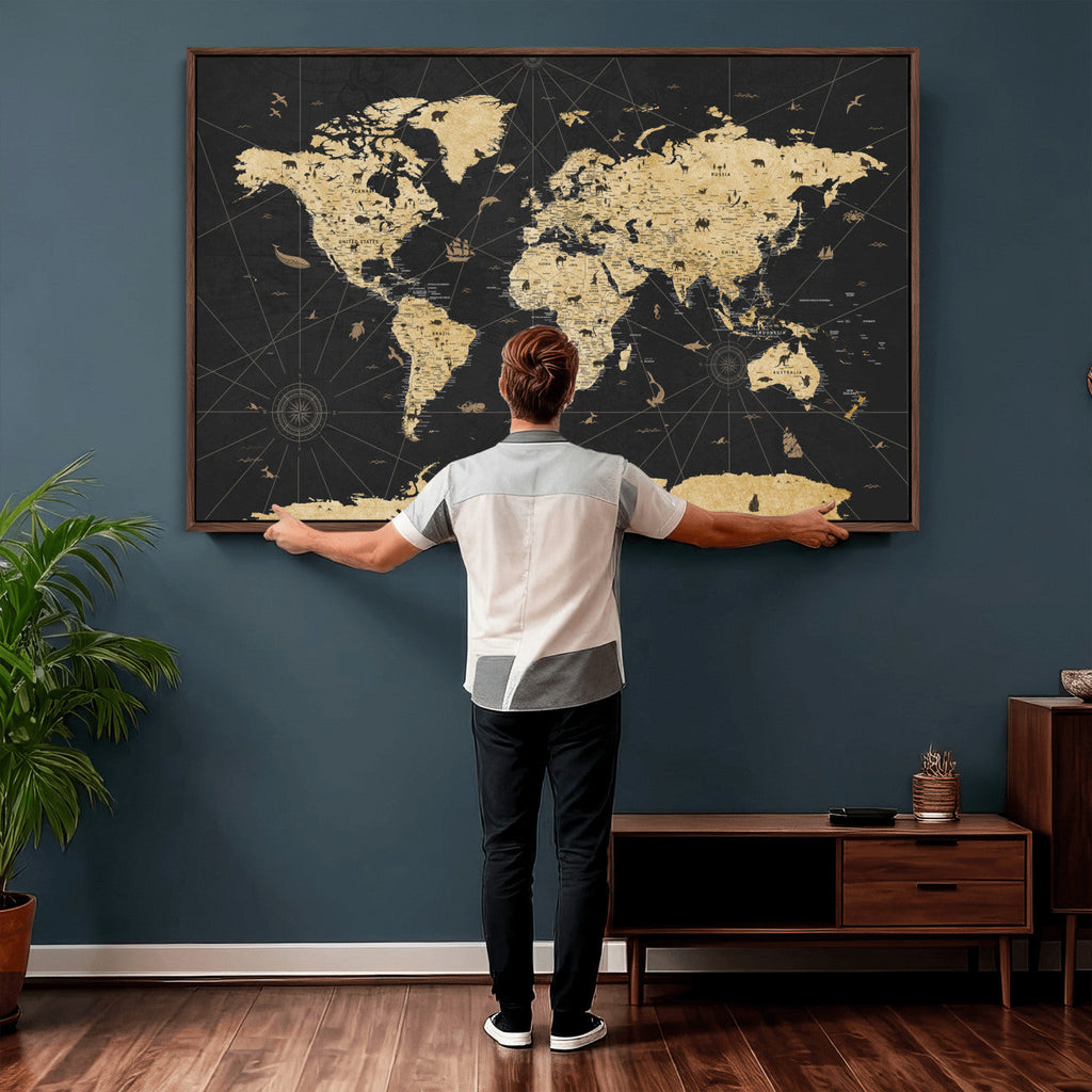 Vintage Blue and Brown World Map Canvas Wall Art | Framed Rustic Map Print
