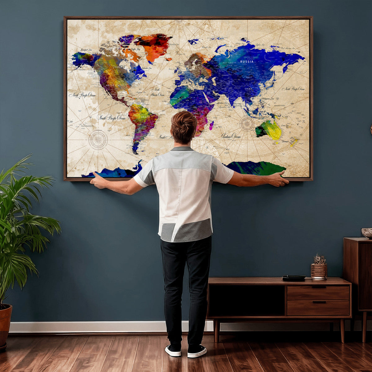 Watercolor World Map Canvas Print | Framed Wall Art for Couples