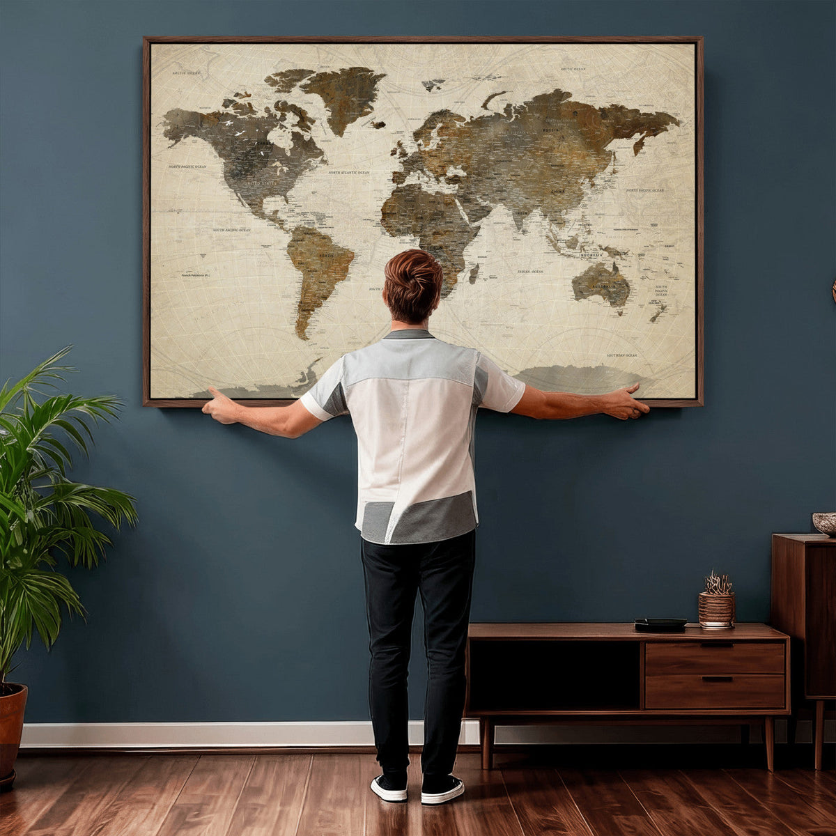 Vintage World Map Canvas Wall Art | Framed Antique Style Travel Map