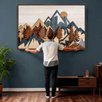 Layered Wooden Mountain Wall Art Canvas Print, Modern Rustic Forest and Pine Landscape