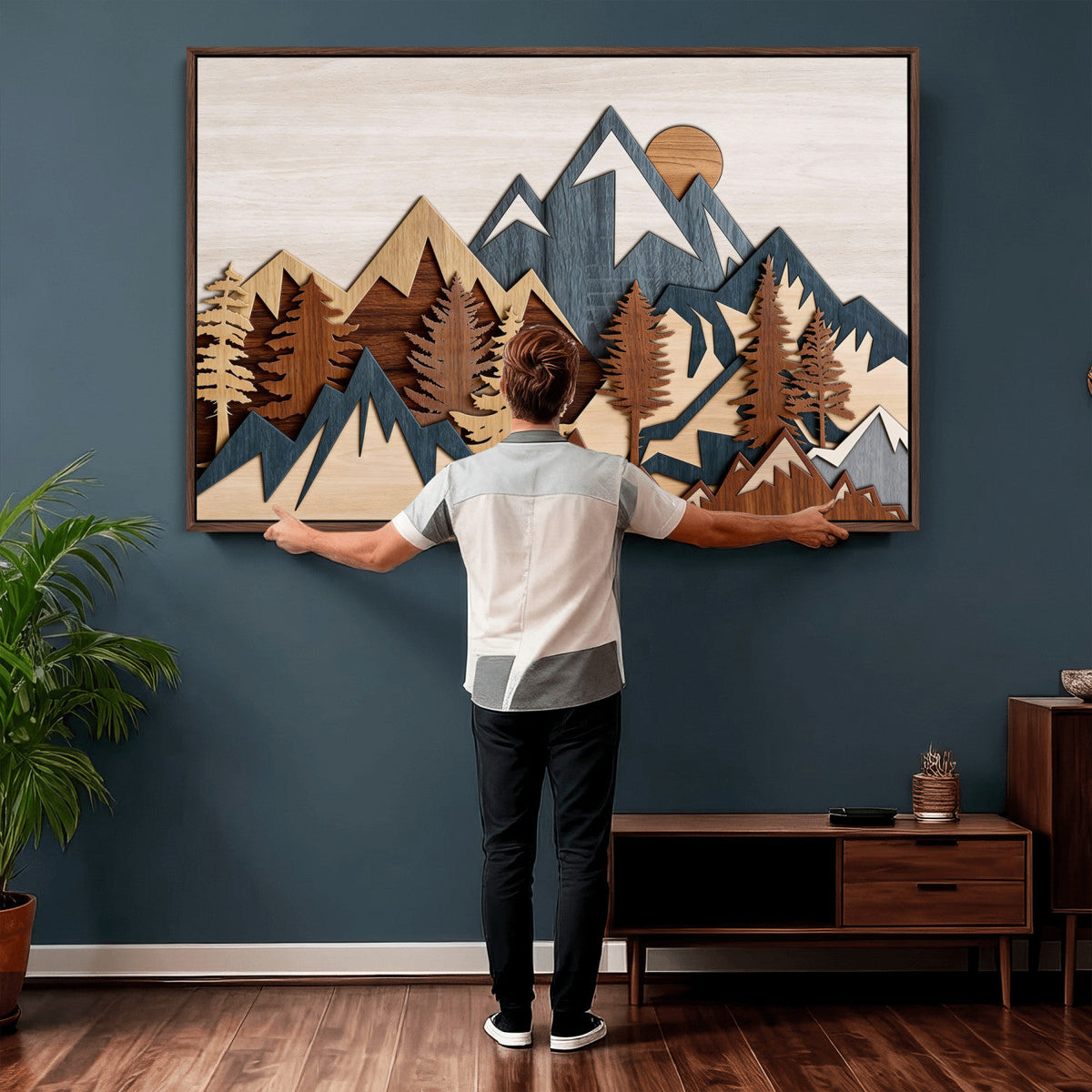 Layered Wooden Mountain Wall Art Canvas Print, Modern Rustic Forest and Pine Landscape