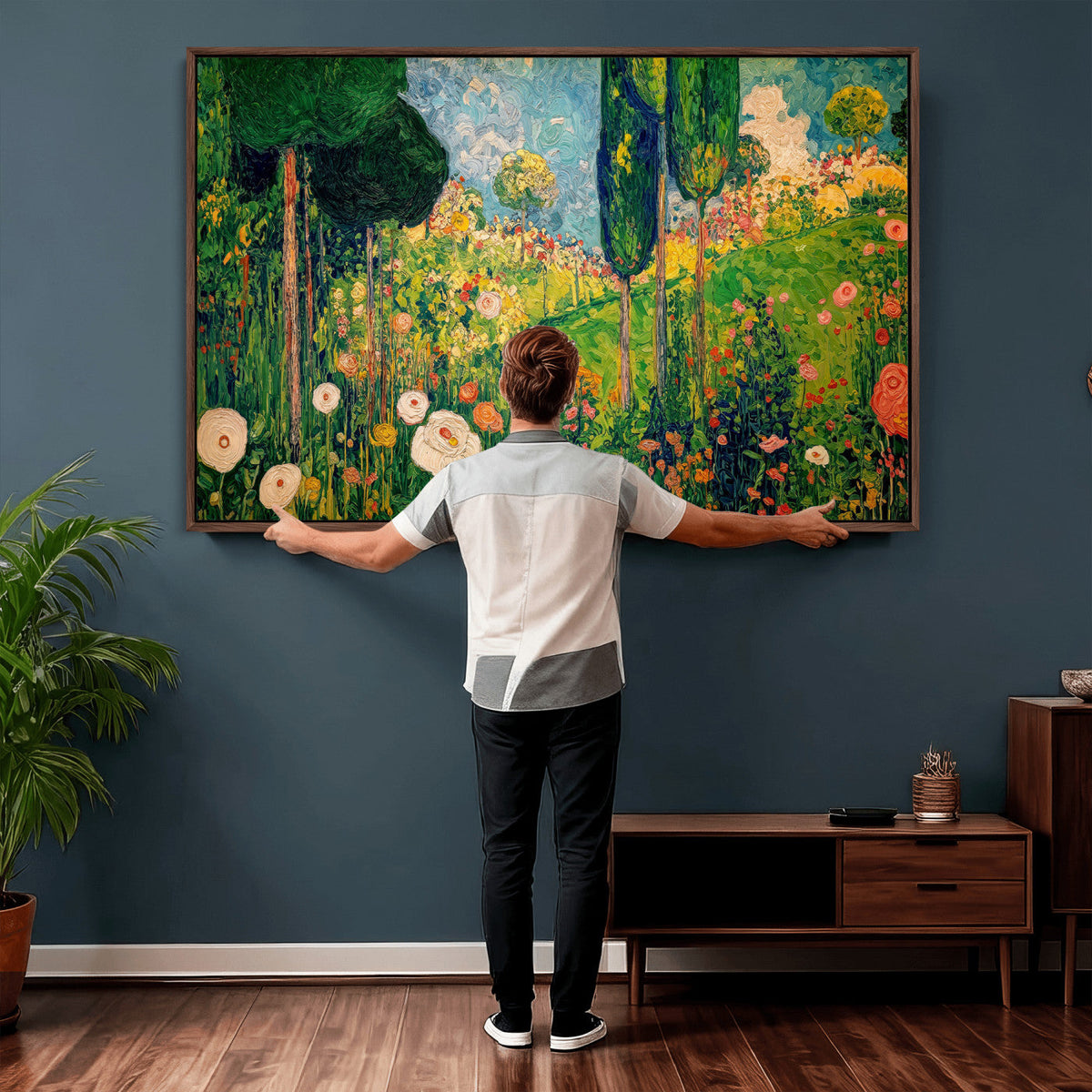 Gustav Klimt Boho Mountain Landscape Large Wall Art, Gold Sun and Flowers Print