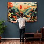 Yayoi Kusama Boho Mountain Landscape Large Wall Art, Gold Sun and Flowers Print