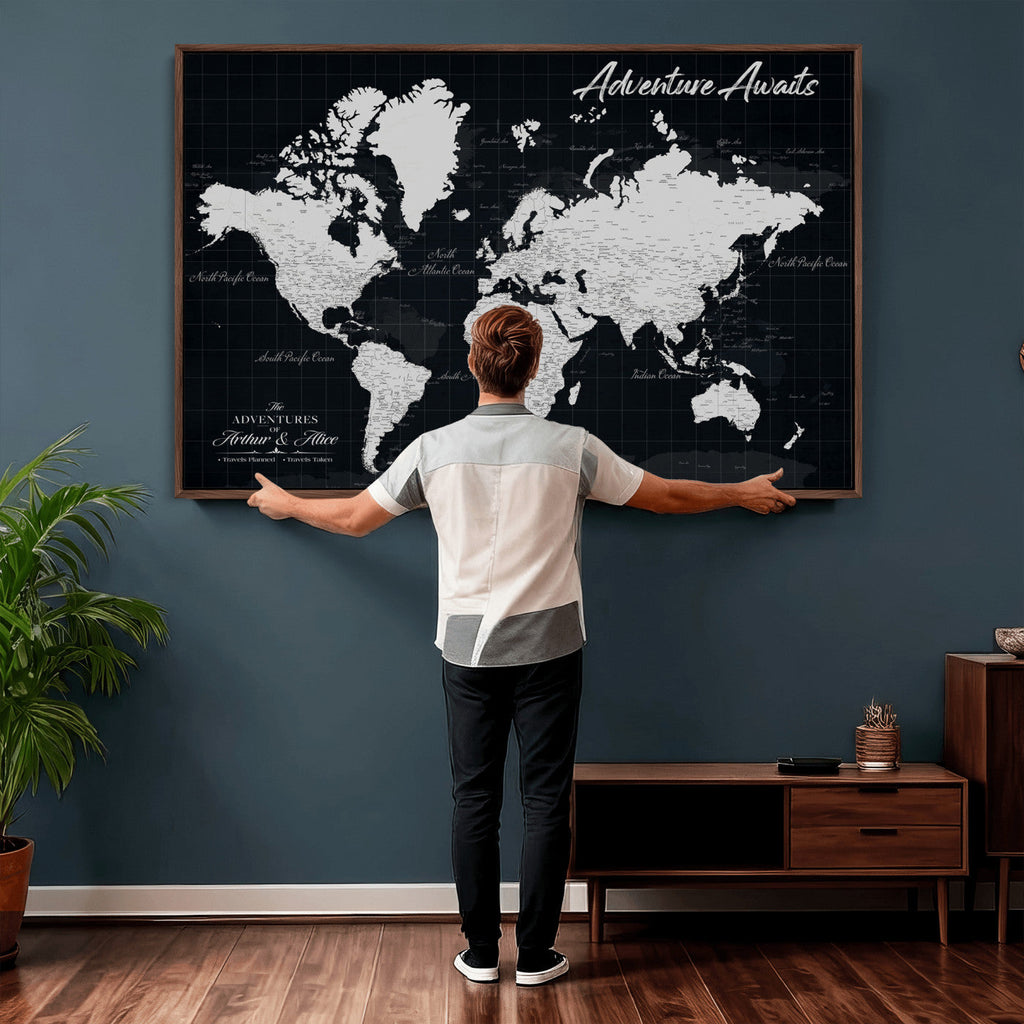Personalized Black Push Pin Travel Map Canvas Print, Couples Countries Visited Map, Entryway and Hallway Decor