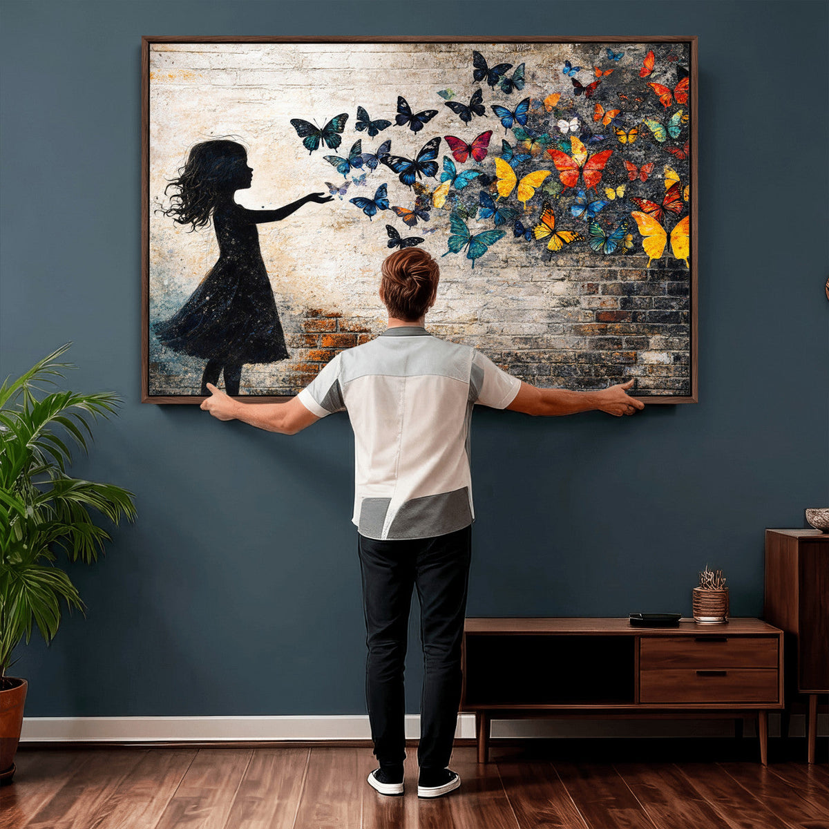 Banksy Butterfly Girl Wall Art Canvas Print, Framed Street Art
