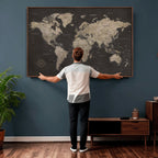 World Map Canvas Wall Art, Dark Charcoal and Antique Tan Detailed Map