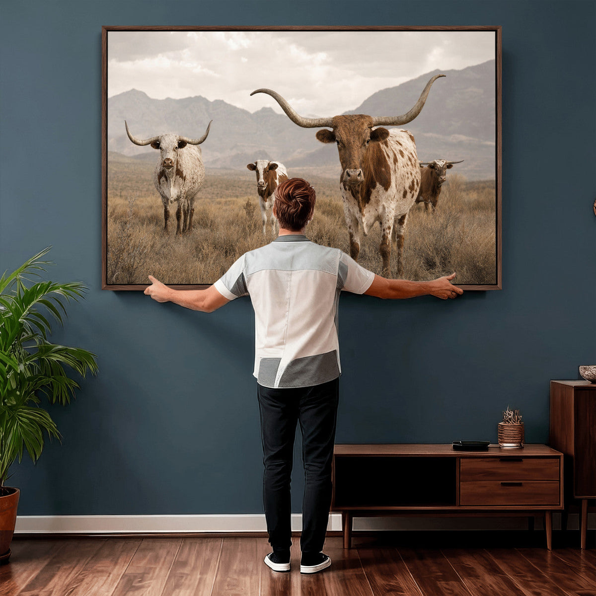 Rustic Texas Longhorn Cow Canvas Wall Art Print, Farm Animal Photography