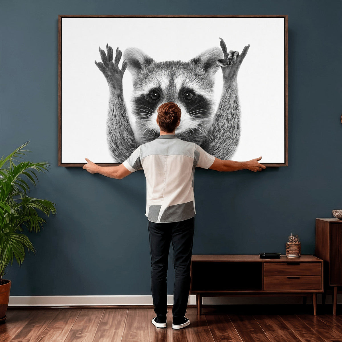 Funny Raccoon Canvas Wall Art, Black White Hands Up Animal Photo Print