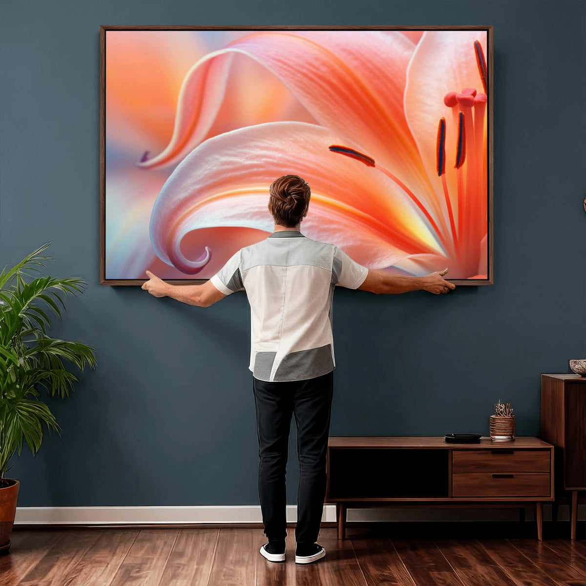 Peach Lily Canvas Wall Art, Coral Pink Flower Macro Photo Print, Botanical Decor