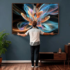 Fractal Lotus Canvas Wall Art, Blue Orange Glowing Flower Abstract Print