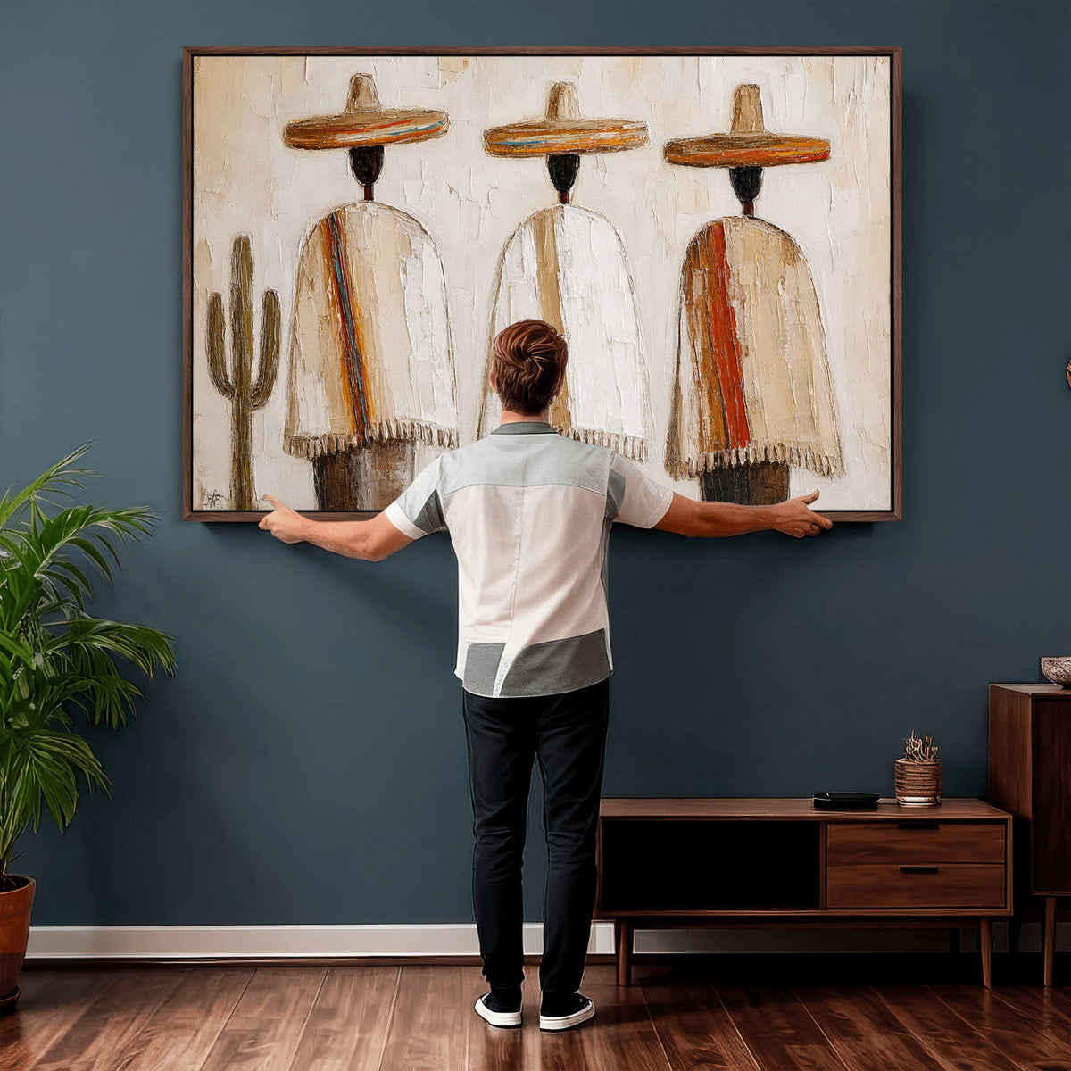 Mexican Wall Art Canvas Print, Southwestern Sombrero Poncho Painting Print, Boho Decor