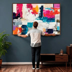 Blue Teal Abstract Canvas Wall Art, Modern Brushstroke Style Print, Navy Orange Contemporary Decor