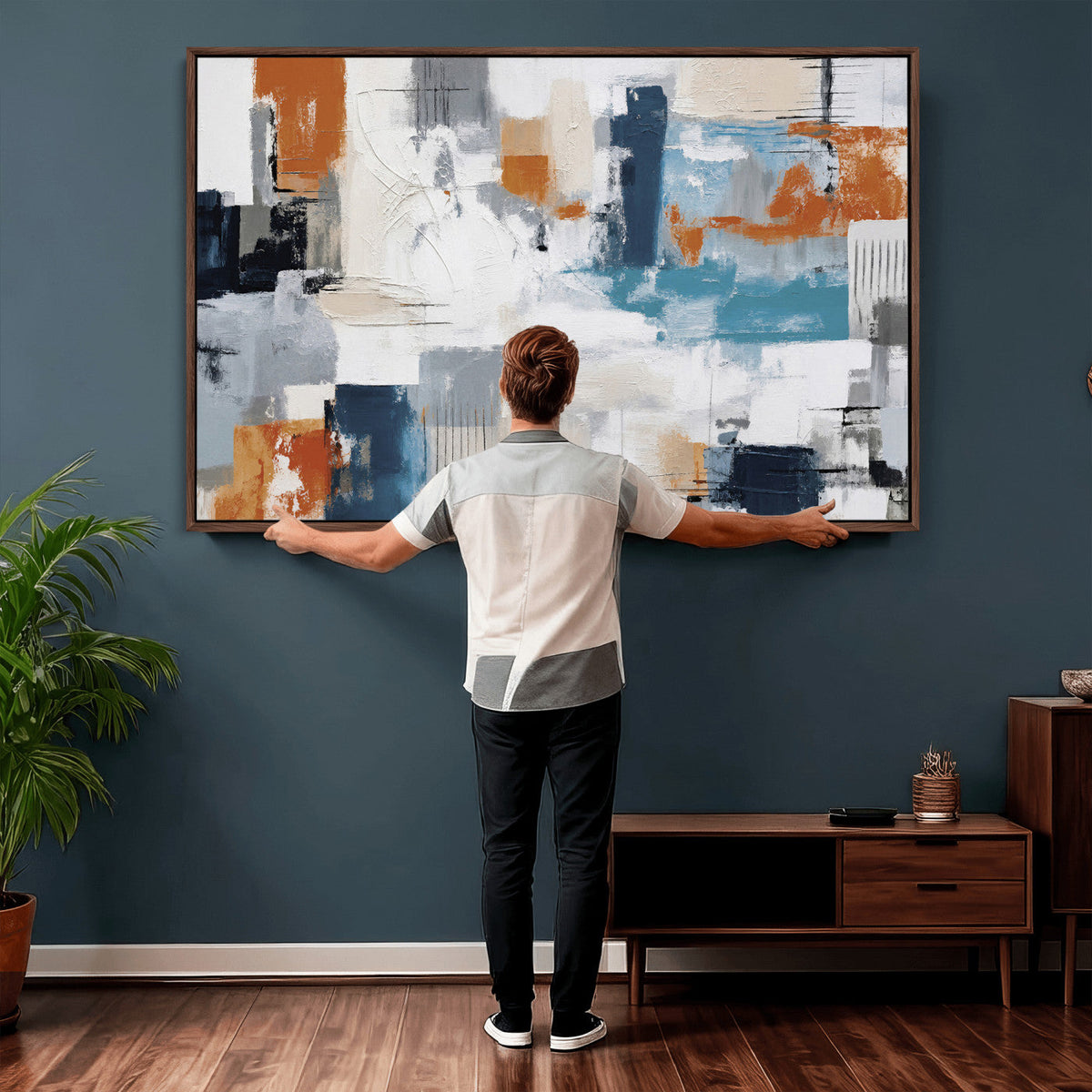 Blue Teal Abstract Canvas Wall Art, Modern Brushstroke Style Print, Navy Orange Contemporary Decor