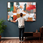 Blue Teal Abstract Canvas Wall Art, Modern Brushstroke Style Print, Navy Orange Contemporary Decor