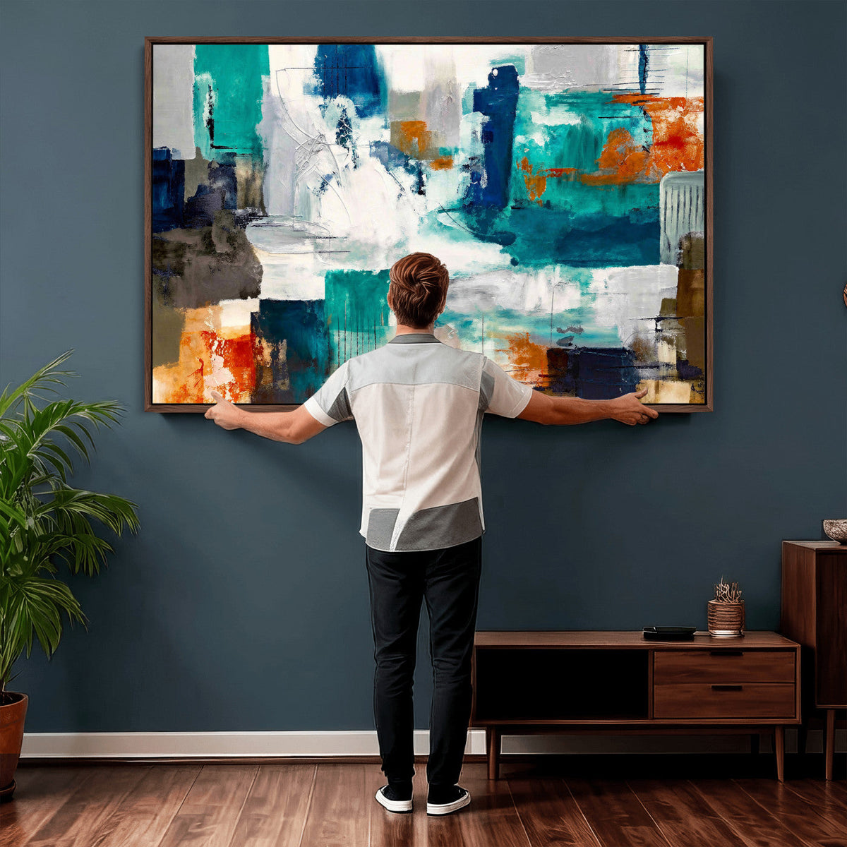 Blue Teal Abstract Canvas Wall Art, Modern Brushstroke Style Print, Navy Orange Contemporary Decor