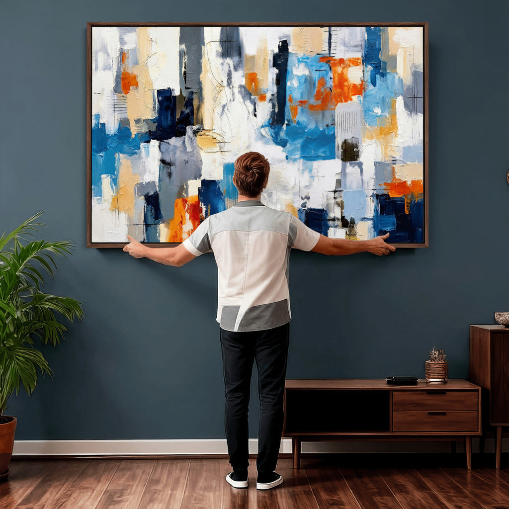 Blue Teal Abstract Canvas Wall Art, Modern Brushstroke Style Painting Print, Navy Orange Contemporary Decor