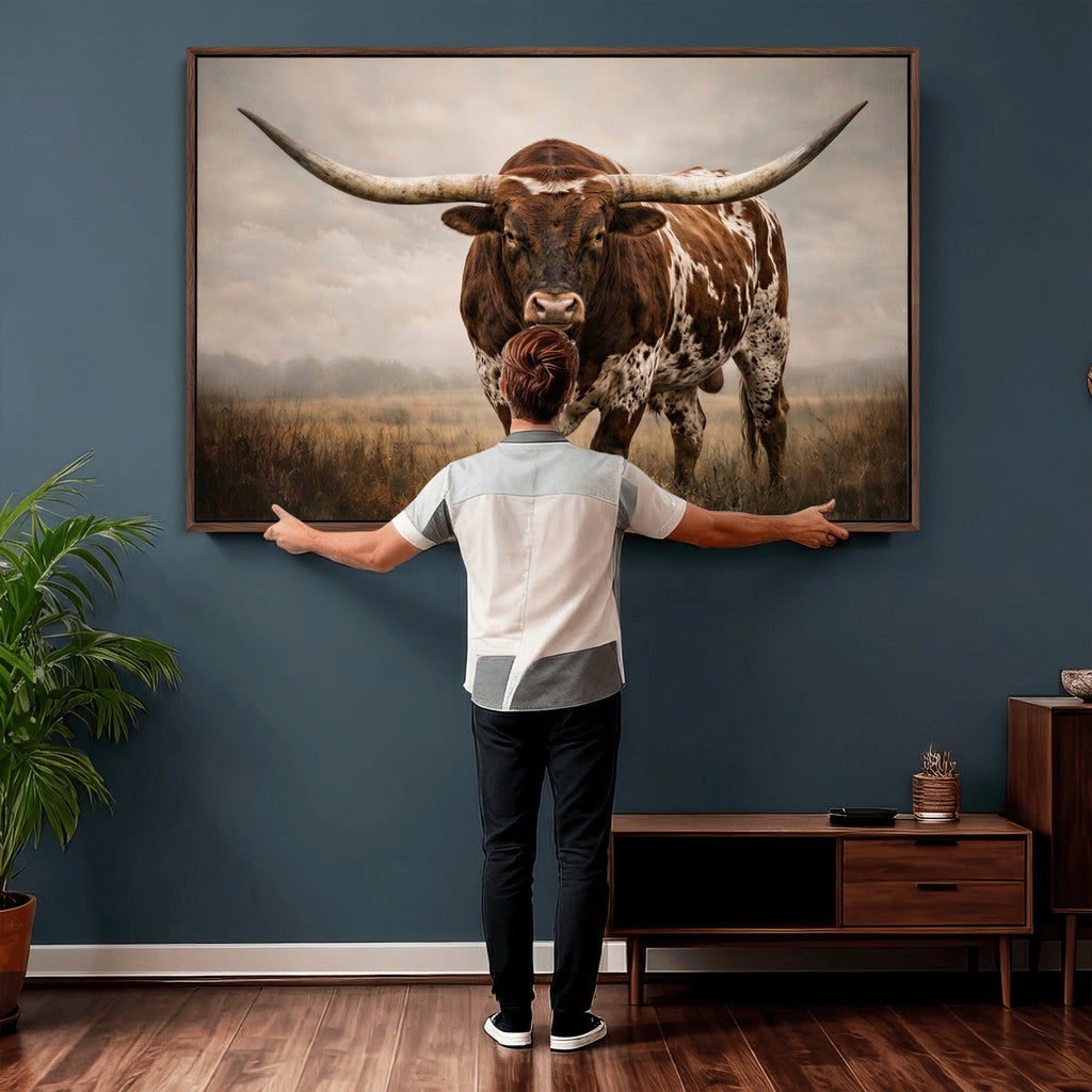 Texas Longhorn Wall Art Canvas Print | Brown Horned Bull Rustic Western Decor