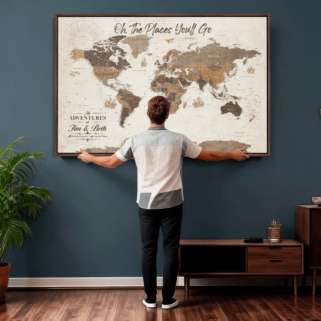 Personalized Beige Geometric Family Push Pin World Map Canvas Print, Honeymoon and Anniversary Gift, Living Room and Study Decor