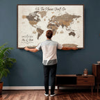 Personalized Beige Geometric Family Push Pin World Map Canvas Print, Honeymoon and Anniversary Gift, Living Room and Study Decor