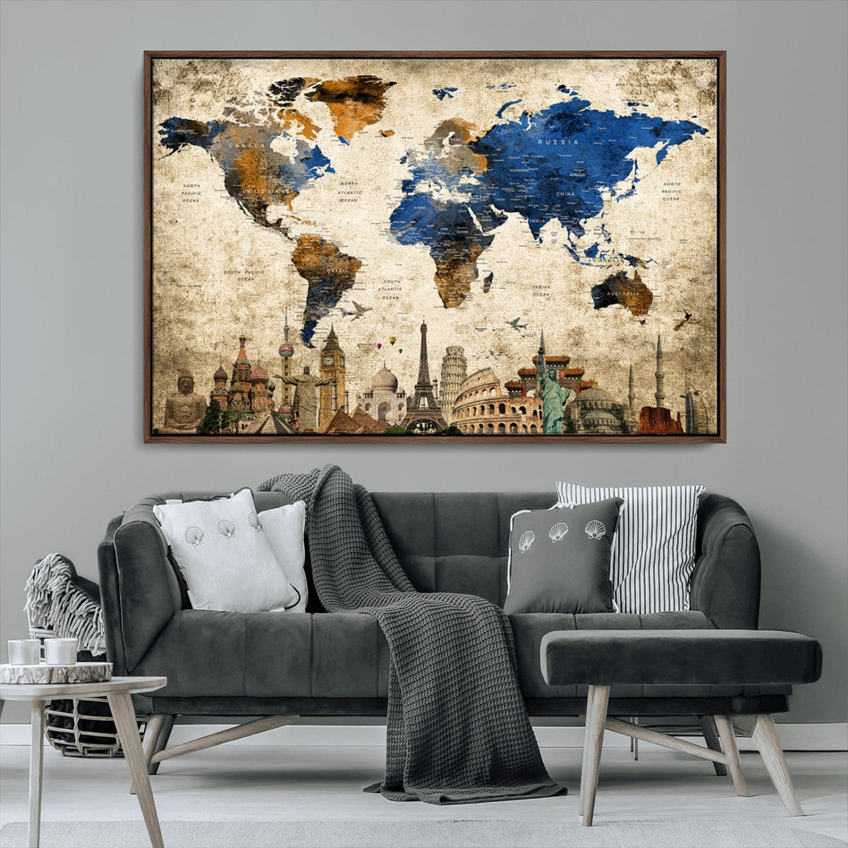 World Map Canvas Print | Vintage Blue and Gold World Map Wall Art