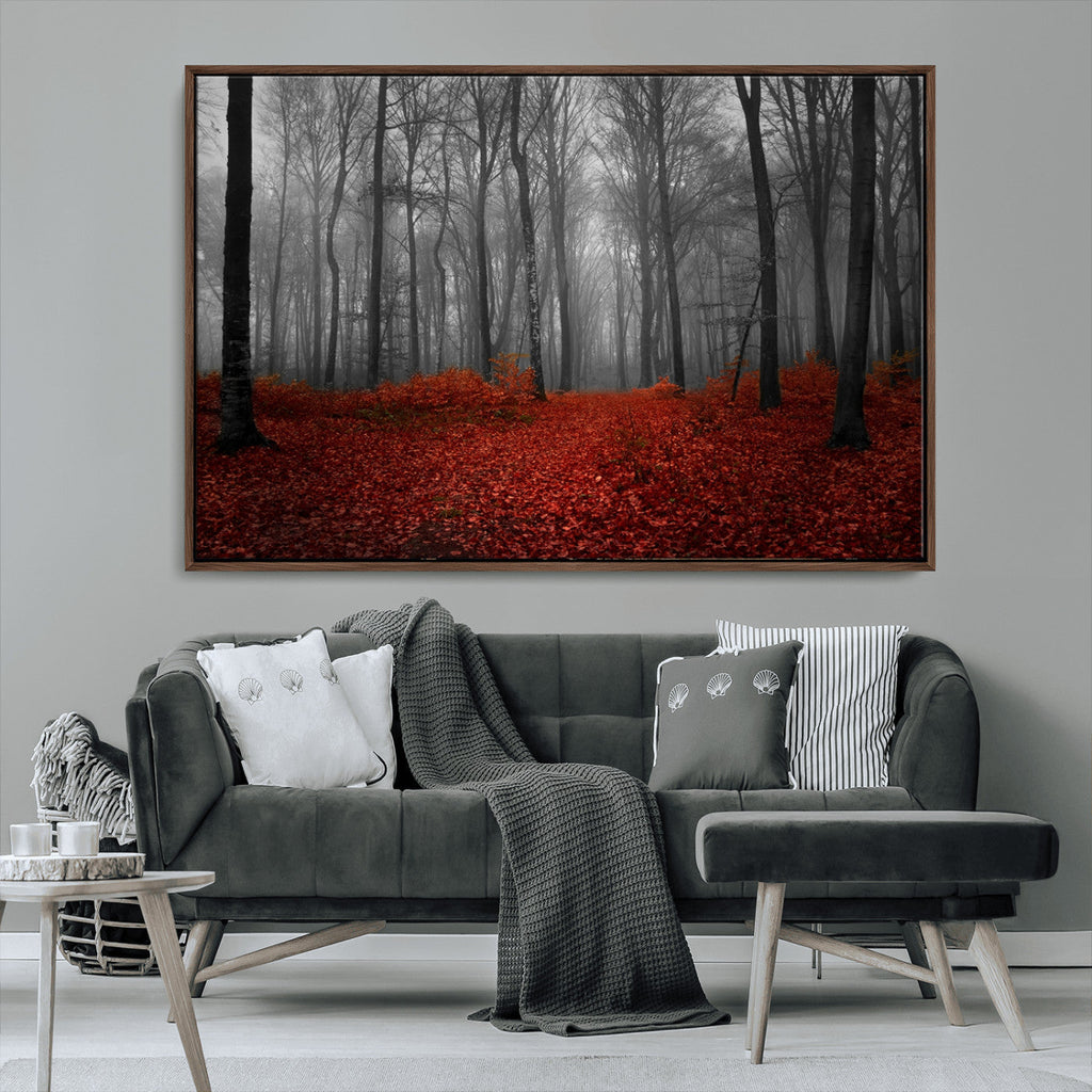 Red Forest Floor Canvas Wall Art | Mystical Foggy Woodland Triptych